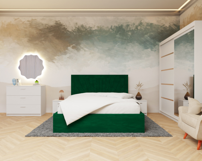 Dormitor Lotus Pat Tapitat Dressing 200x200 Alb cu oglinda [1]