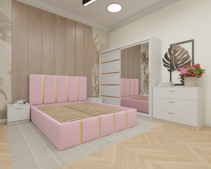 Dormitor MILANO Tapitat, 200X200 Alb cu oglinda, Somiera Rabatabila [2]