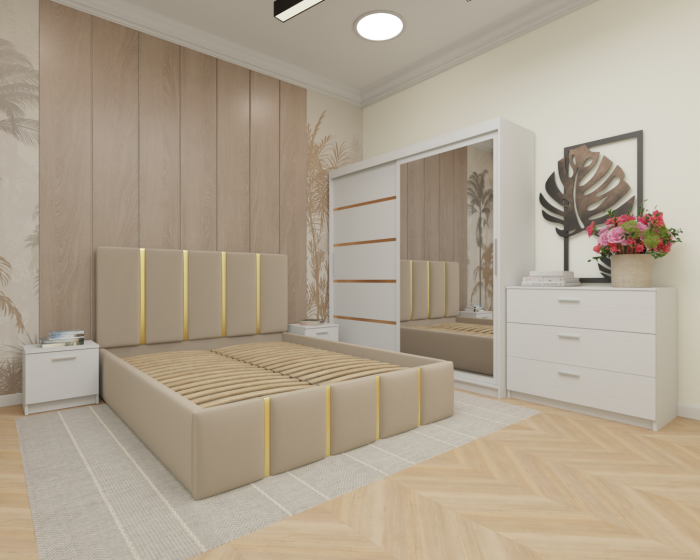 Dormitor MILANO Tapitat, 200X200 Alb cu oglinda, Somiera Rabatabila [2]