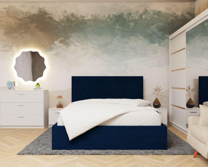 Dormitor Lotus Pat Tapitat Dressing 200x200 Alb cu oglinda [1]