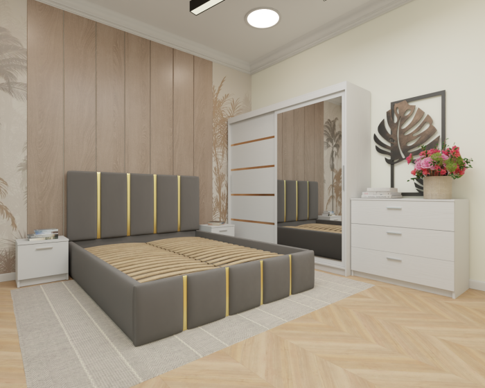 Dormitor MILANO Tapitat, 200X200 Alb cu oglinda, Somiera Rabatabila [2]