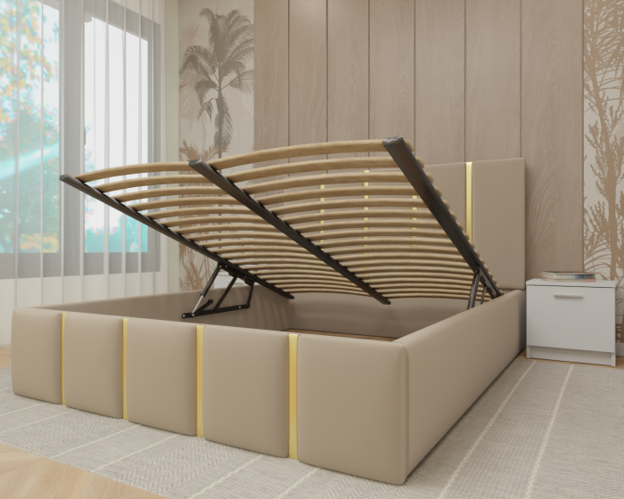 Dormitor MILANO Tapitat, 200X200 Alb cu oglinda, Somiera Rabatabila [3]