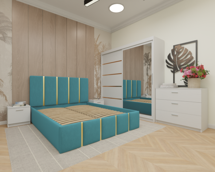 Dormitor MILANO Tapitat, 200X200 Alb cu oglinda, Somiera Rabatabila [2]