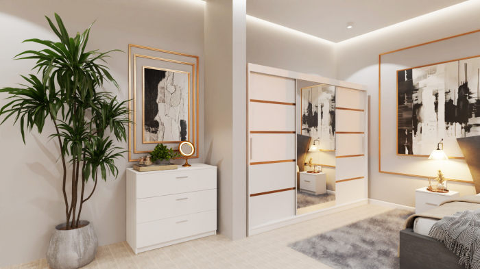 Dormitor Lucas Tapitat Stofa Gri cu dulap 250*200 usi glisante Alb cu Oglinda, noptiere si comoda [2]