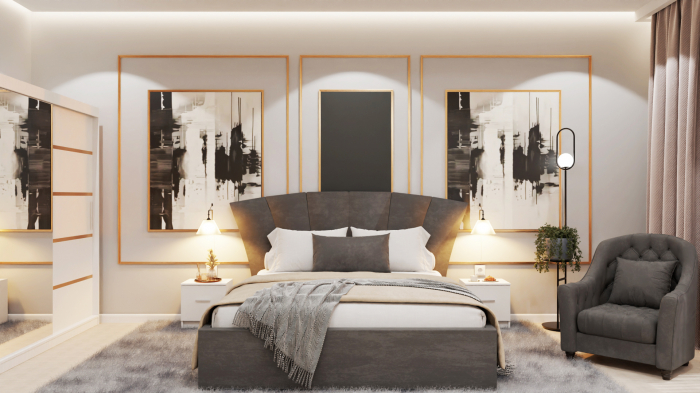 Dormitor Lucas Tapitat Stofa Gri cu dulap 250*200 usi glisante Alb cu Oglinda, noptiere si comoda [1]