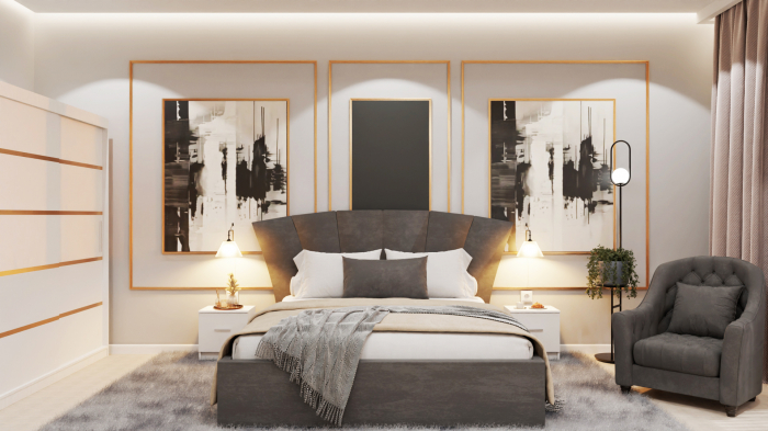 Dormitor Lucas Tapitat Stofa Gri cu dulap 250*200 usi glisante Alb, noptiere si comoda [1]