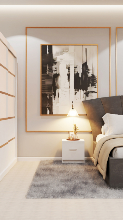 Dormitor Lucas Tapitat Stofa Gri cu dulap 250*200 usi glisante Alb, noptiere si comoda [5]