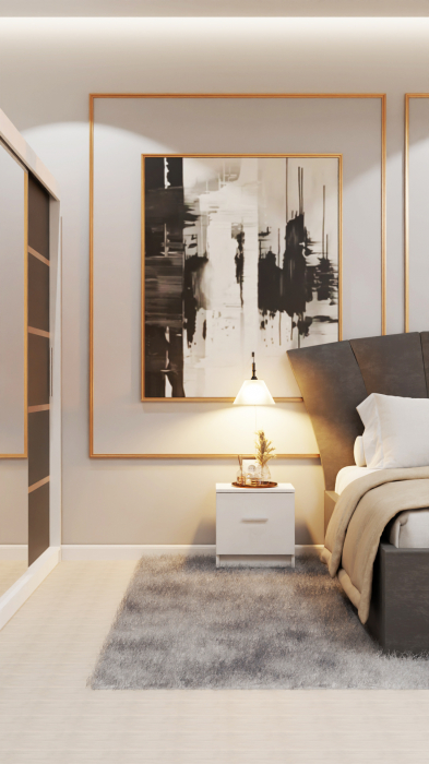 Dormitor Lucas Tapitat Stofa Gri cu dulap 250*200 usi glisante Alb&Antracit cu Oglinda, noptiere si comoda [5]