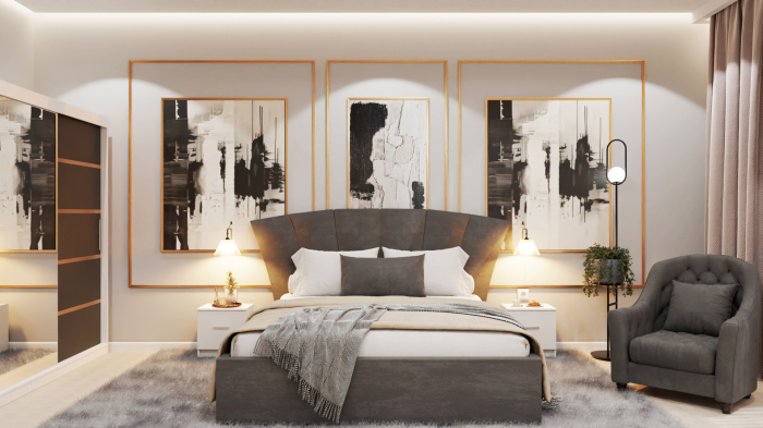 Dormitor Lucas Tapitat Stofa Gri cu dulap 250*200 usi glisante Alb&Antracit cu Oglinda, noptiere si comoda [1]