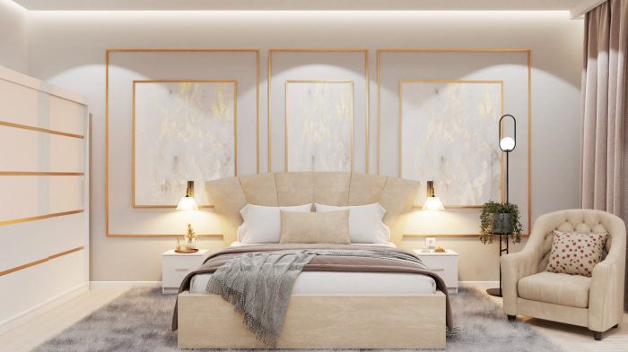 Dormitor Lucas Tapitat Stofa Bej cu dulap 250*200 usi glisante Alb, noptiere si comoda [1]