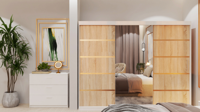 Dormitor Lucas Tapitat Stofa Bej cu dulap 250*200 usi glisante Alb&Sonoma cu Oglinda, noptiere si comoda [2]