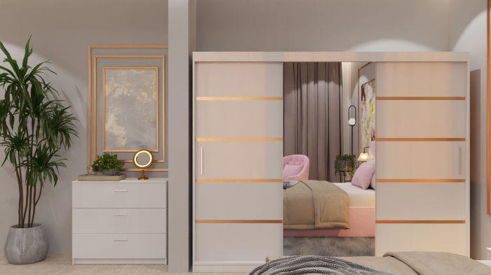 Dormitor Regal cu Pat Lucas Tapitat Stofa Roz cu dulap 250*200 usi glisante Alb cu Oglinda, noptiere si comoda [4]