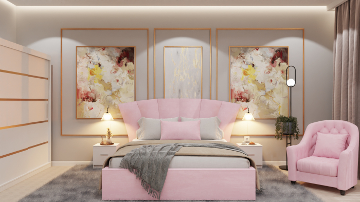 Dormitor Lucas Tapitat Stofa Roz cu dulap 250*200 usi glisante Alb, noptiere si comoda [1]