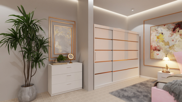 Dormitor Lucas Tapitat Stofa Roz cu dulap 250*200 usi glisante Alb, noptiere si comoda [2]