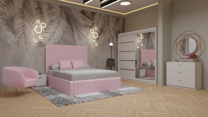 Dormitor Cairo Pat Tapitat Dressing 200x200 Alb Cu Oglinda [2]