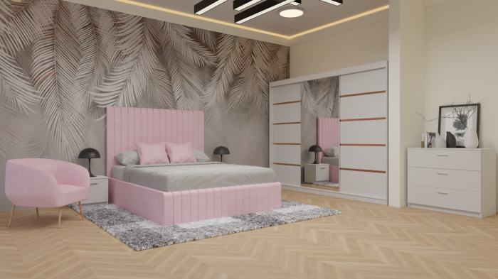 Dormitor Cairo Tapitat Dressing 250x200 3 Usi Cu Oglinda Alb [2]