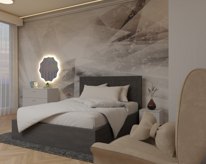 Dormitor Lotus Pat Tapitat Dressing 200x200 Alb cu oglinda [2]