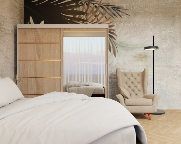 Dormitor: Lotus Pat Tapitat Dressing 200x200 Alb&Sonoma 2 Usi cu Oglinda [5]