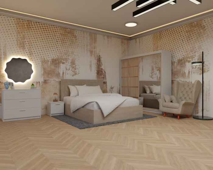 Dormitor: Lotus Pat Tapitat Dressing 200x200 Alb&Sonoma 2 Usi cu Oglinda [4]