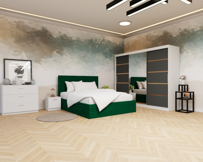 Dormitor: Lotus Pat Tapitat Dressing 250x200 Alb&Antracit 3 Usi cu Oglinda [3]