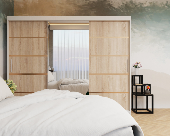 Dormitor: Lotus Pat Tapitat Dressing 250x200 Alb&Sonoma 3 Usi cu Oglinda [5]