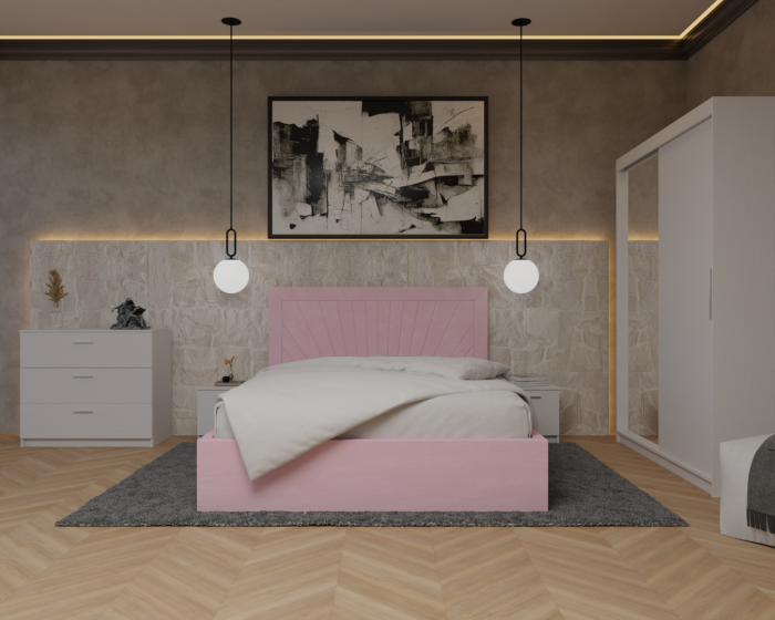 Dormitor Lotus Pat Tapitat Dressing 150x200 Alb 2 usi cu Oglinda [1]