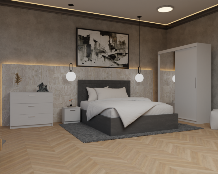 Dormitor Lotus Pat Tapitat Dressing 150x200 Alb 2 usi cu Oglinda [2]