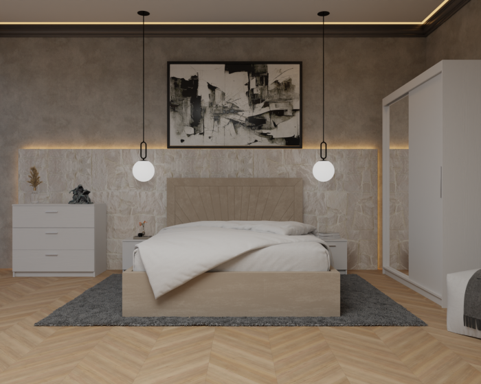 Dormitor Lotus Pat Tapitat Dressing 150x200 Alb 2 usi cu Oglinda [1]