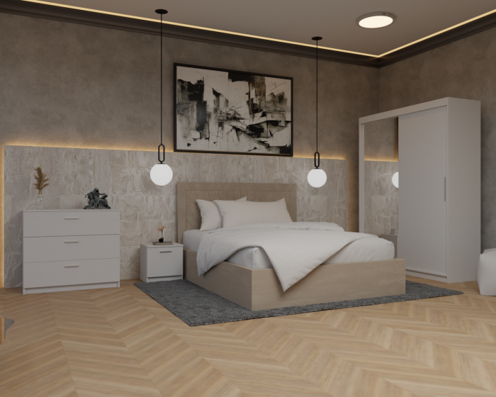 Dormitor Lotus Pat Tapitat Dressing 150x200 Alb 2 usi cu Oglinda [2]