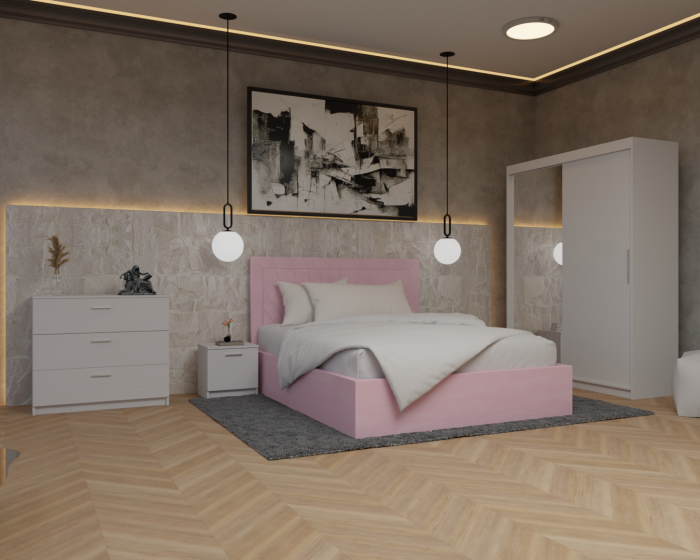 Dormitor Lotus Pat Tapitat Dressing 150x200 Alb 2 usi cu Oglinda [2]