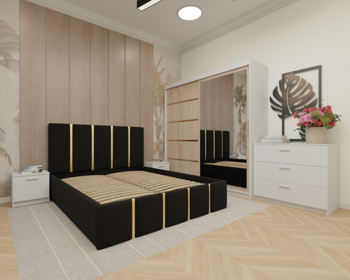 Dormitor MILANO Tapitat, 200X200 Alb&Sonoma cu oglinda, Somiera Rabatabila [2]