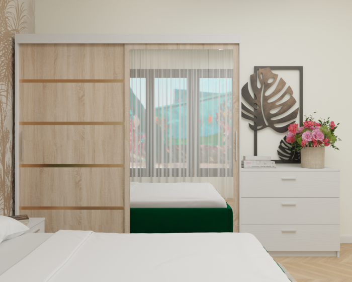 Dormitor MILANO Tapitat, 200X200 Alb&Sonoma cu oglinda, Somiera Rabatabila [4]