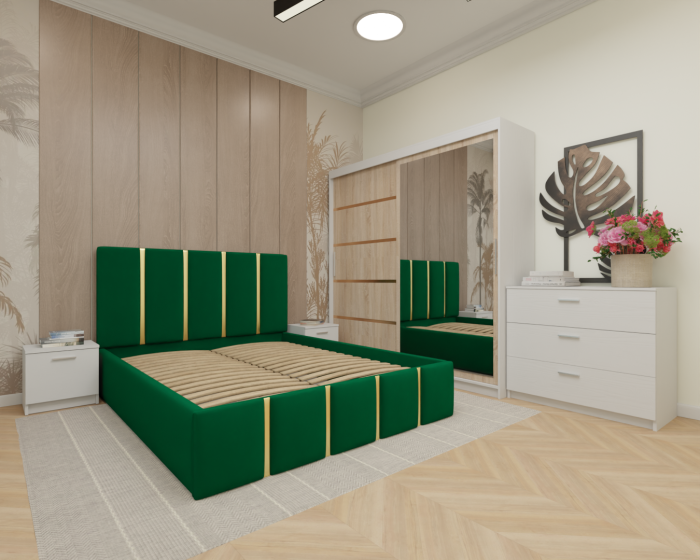 Dormitor MILANO Tapitat, 200X200 Alb&Sonoma cu oglinda, Somiera Rabatabila [2]