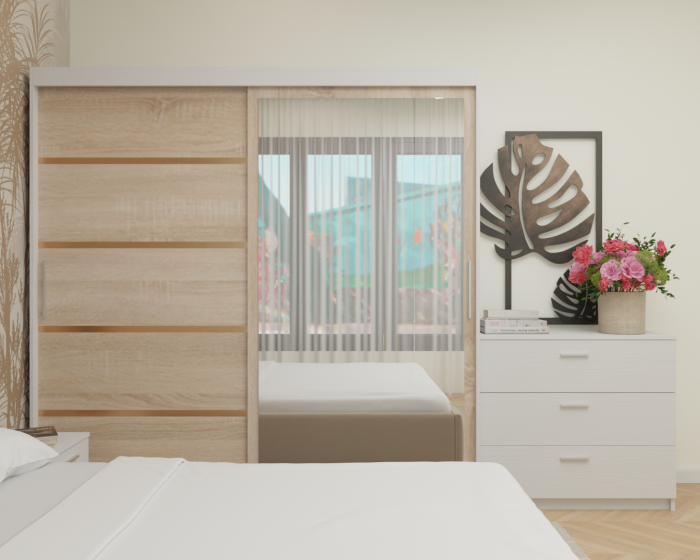 Dormitor MILANO Tapitat, 200X200 Alb&Sonoma cu oglinda, Somiera Rabatabila [4]