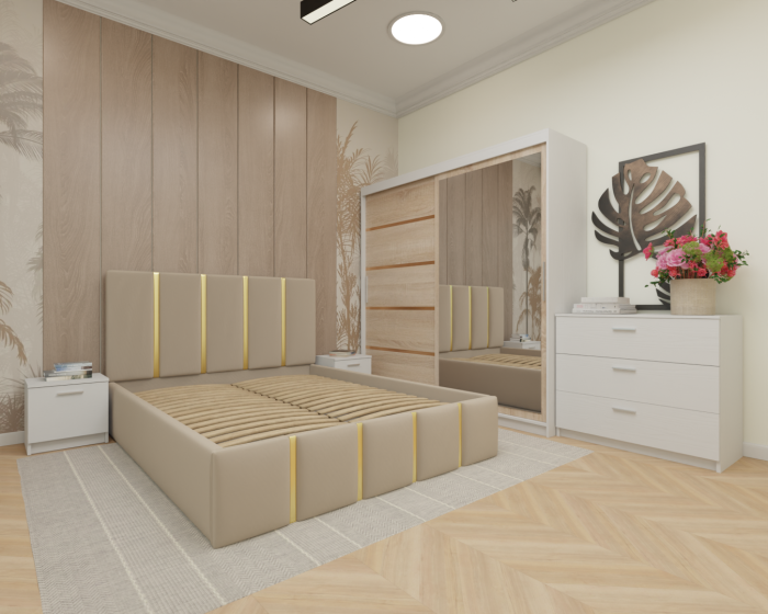 Dormitor MILANO Tapitat, 200X200 Alb&Sonoma cu oglinda, Somiera Rabatabila [2]