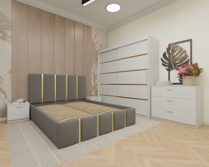 Dormitor MILANO Tapitat, 200X200 Alb fara oglinda, Somiera Rabatabila [2]