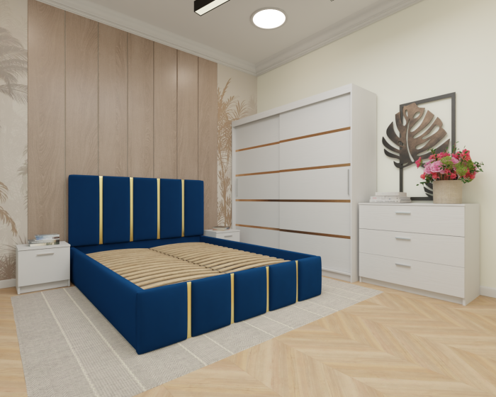 Dormitor MILANO Tapitat, 200X200 Alb fara oglinda, Somiera Rabatabila [2]