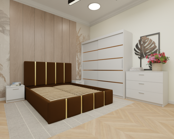 Dormitor MILANO Tapitat, 200X200 Alb fara oglinda, Somiera Rabatabila [2]