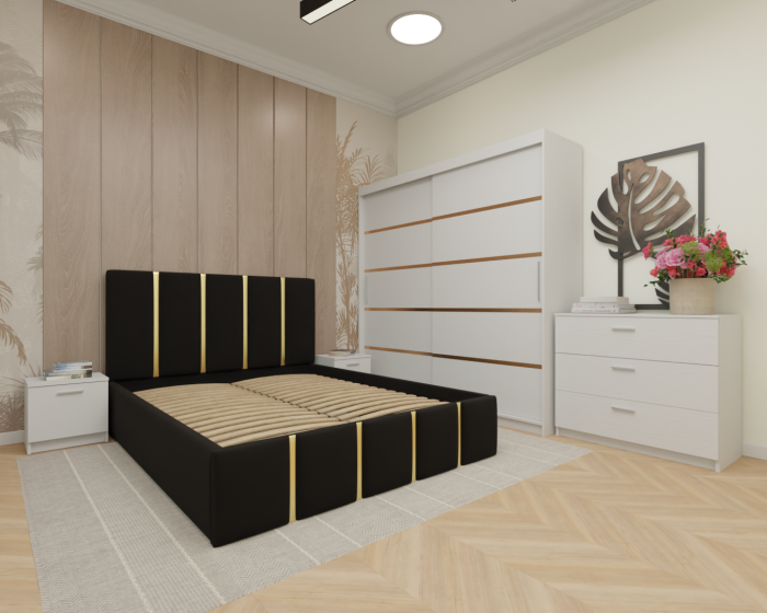 Dormitor MILANO Tapitat, 200X200 Alb fara oglinda, Somiera Rabatabila [2]