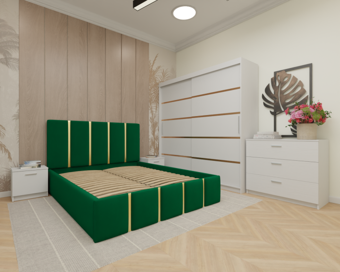 Dormitor MILANO Tapitat, 200X200 Alb fara oglinda, Somiera Rabatabila [2]