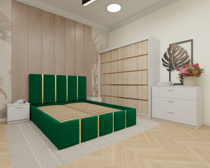 Dormitor MILANO Tapitat, 200X200 Alb&Sonoma fara oglinda, Somiera Rabatabila [2]