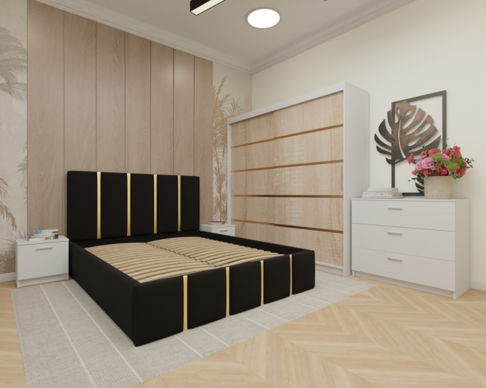 Dormitor MILANO Tapitat, 200X200 Alb&Sonoma fara oglinda, Somiera Rabatabila [2]