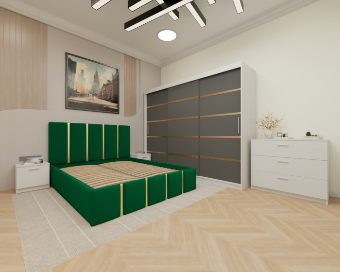 Dormitor MILANO Tapitat, 250X200 Alb&Antracit fara oglinda, Somiera Rabatabila [2]