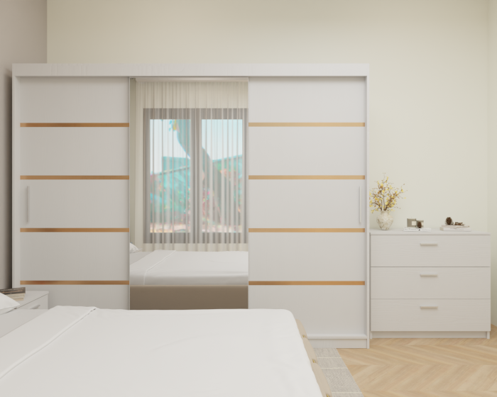 Dormitor MILANO Tapitat, 250X200 Alb cu oglinda, Somiera Rabatabila [4]