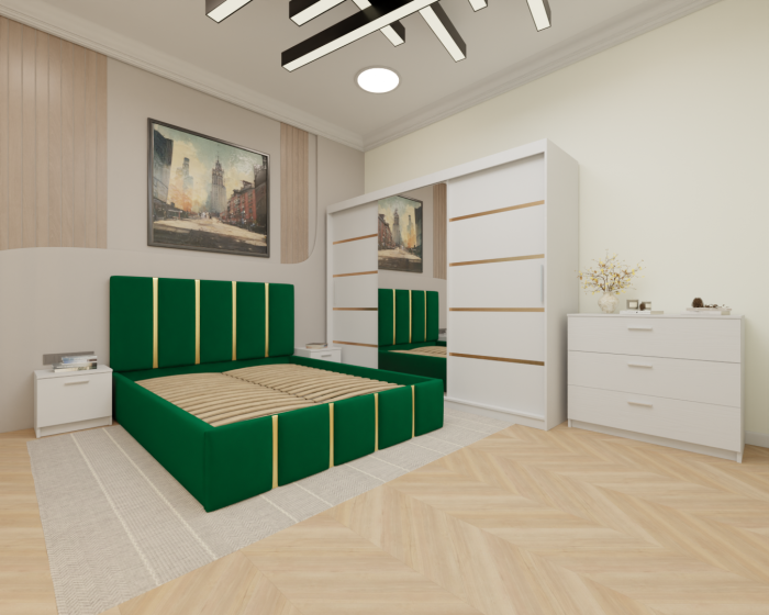 Dormitor MILANO Tapitat, 250X200 Alb cu oglinda, Somiera Rabatabila [2]