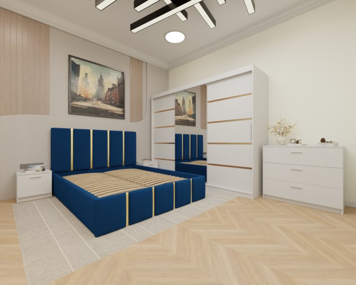 Dormitor MILANO Tapitat, 250X200 Alb cu oglinda, Somiera Rabatabila [2]