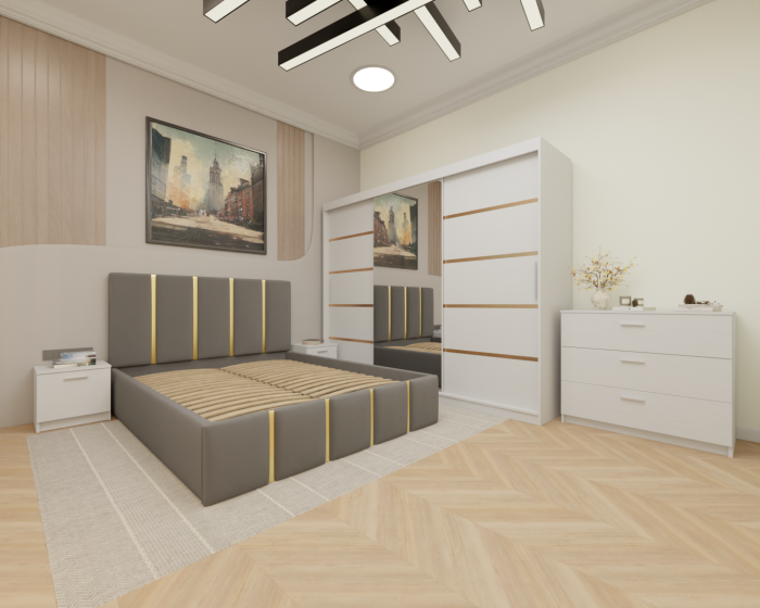 Dormitor MILANO Tapitat, 250X200 Alb cu oglinda, Somiera Rabatabila [2]