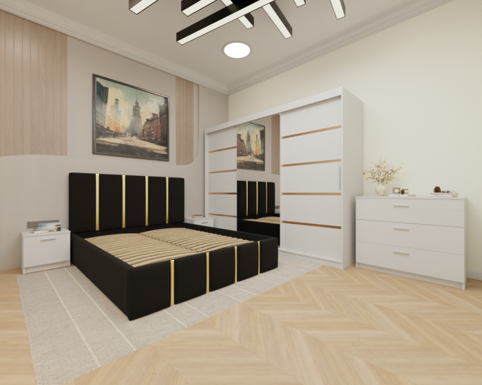 Dormitor MILANO Tapitat, 250X200 Alb cu oglinda, Somiera Rabatabila [2]