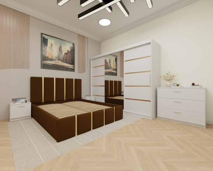 Dormitor MILANO Tapitat, 250X200 Alb cu oglinda, Somiera Rabatabila [2]