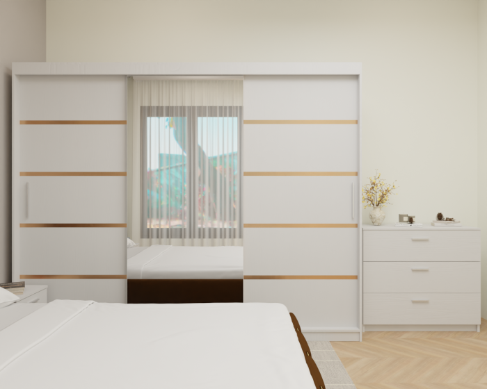 Dormitor MILANO Tapitat, 250X200 Alb cu oglinda, Somiera Rabatabila [4]